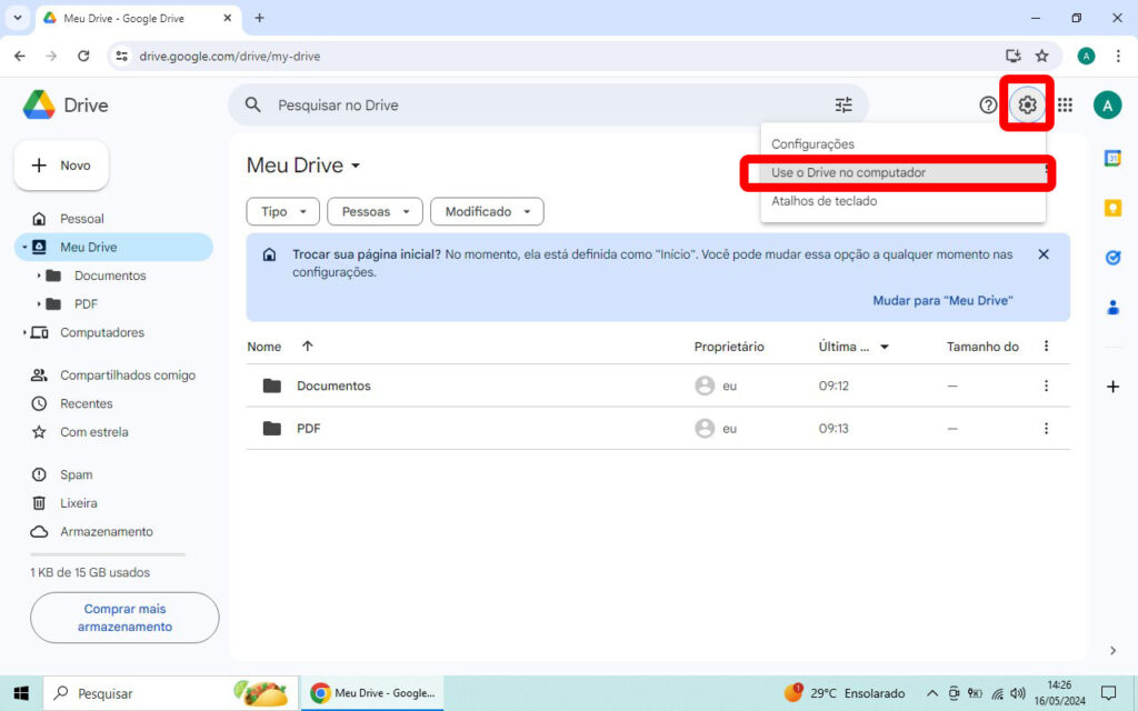 Google Drive no Computador Painel