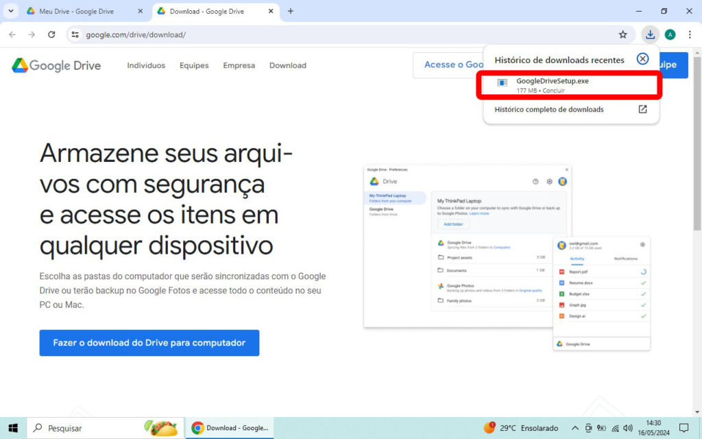 Google Drive no Computador Inicio da instalação