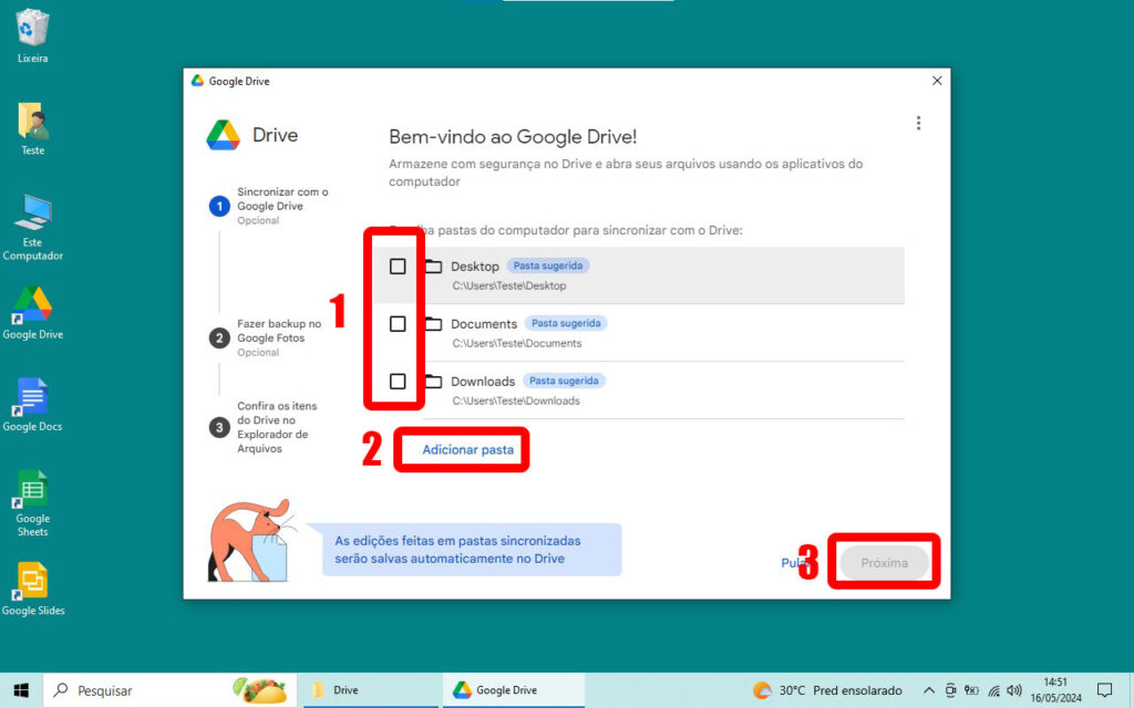 Google Drive no Computador Selecionando as pastas